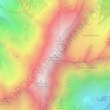 Mapa topográfico Watzmann-Mittelspitze, altitud, relieve