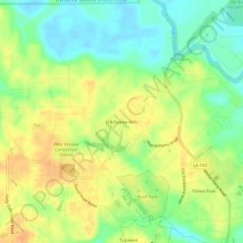 Mapa topográfico D'Arbonne Hills, altitud, relieve