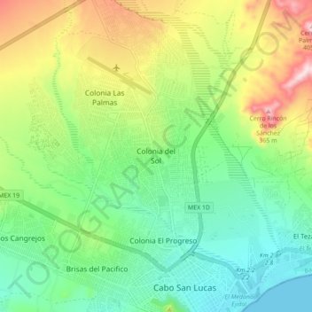Mapa topográfico Colonia del Sol, altitud, relieve