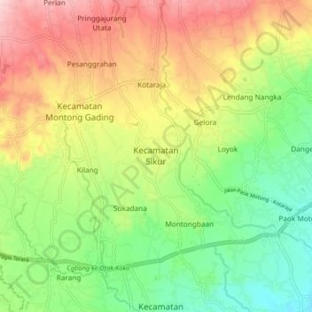 Mapa topográfico Kecamatan Sikur, altitud, relieve