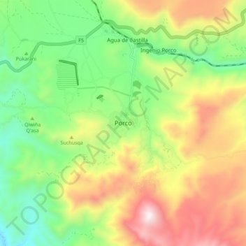Mapa topográfico Porco, altitud, relieve