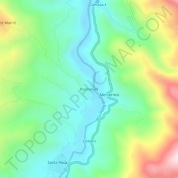 Mapa topográfico Poshonari, altitud, relieve