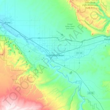 Mapa topográfico Grand Junction, altitud, relieve