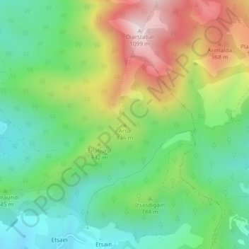 Mapa topográfico Arsu, altitud, relieve