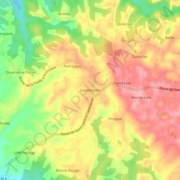 Mapa topográfico Commobile, altitud, relieve