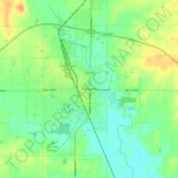 Mapa topográfico Parsons, altitud, relieve