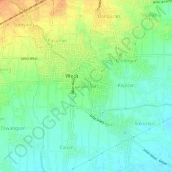 Mapa topográfico Gadungan, altitud, relieve