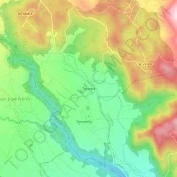 Mapa topográfico Tecama, altitud, relieve