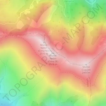 Mapa topográfico Monte Nebin (Cima SE), altitud, relieve