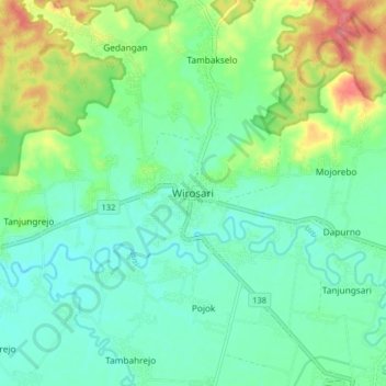 Mapa topográfico Wirosari, altitud, relieve