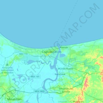 Mapa topográfico Coatzacoalcos, altitud, relieve