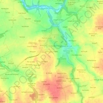 Mapa topográfico Kervaziou - Huella, altitud, relieve