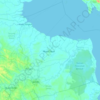 Mapa topográfico Muara Sabak Barat, altitud, relieve