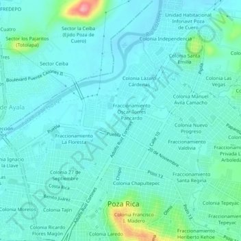 Mapa topográfico Colonia México, altitud, relieve