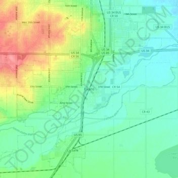 Mapa topográfico Evans, altitud, relieve