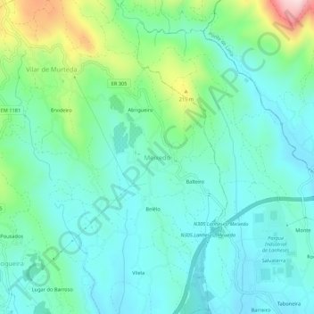 Mapa topográfico Meixedo, altitud, relieve