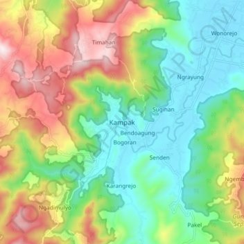 Mapa topográfico Kampak, altitud, relieve