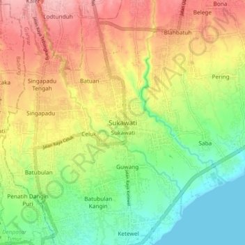 Mapa topográfico Sukawati, altitud, relieve