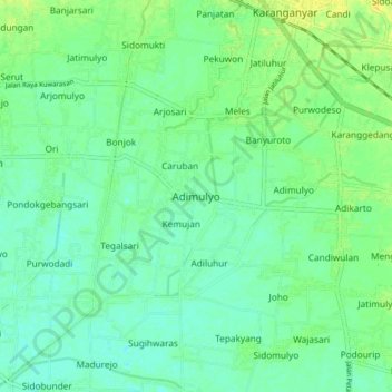 Mapa topográfico Adimulyo, altitud, relieve