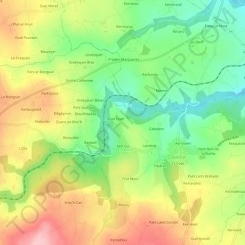 Mapa topográfico Kerguenan, altitud, relieve