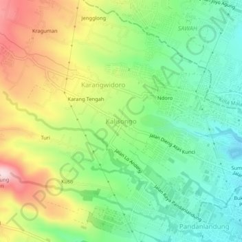 Mapa topográfico Kalisongo, altitud, relieve