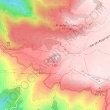 Mapa topográfico Pico da Urze, altitud, relieve