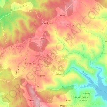 Mapa topográfico Amêndoa, altitud, relieve