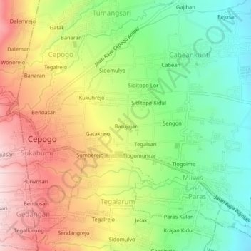 Mapa topográfico Batujajar, altitud, relieve