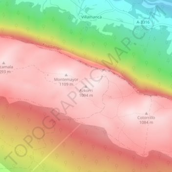 Mapa topográfico Azkorri, altitud, relieve