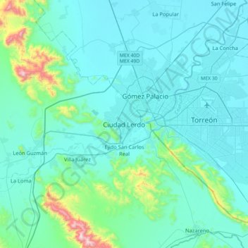 Mapa topográfico Ciudad Lerdo, altitud, relieve