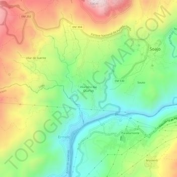 Mapa topográfico Vilarinho das Quartas, altitud, relieve