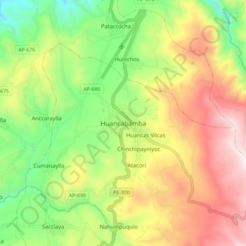 Mapa topográfico Huancabamba, altitud, relieve