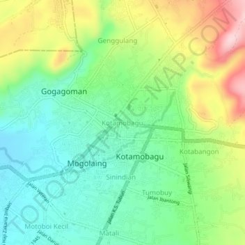 Mapa topográfico Kotamobagu, altitud, relieve