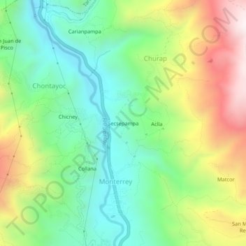 Mapa topográfico Secsepampa, altitud, relieve