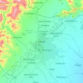 Mapa topográfico Araure, altitud, relieve