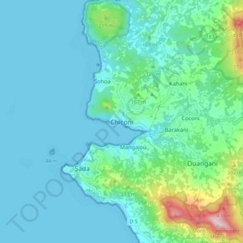 Mapa topográfico Chiconi, altitud, relieve