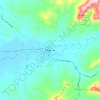 Mapa topográfico Killarney, altitud, relieve