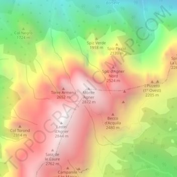Mapa topográfico Monte Agner, altitud, relieve