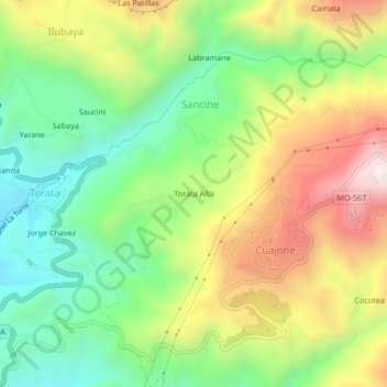Mapa topográfico Torata Alta, altitud, relieve