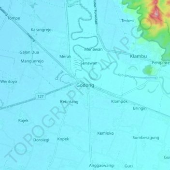 Mapa topográfico Godong, altitud, relieve