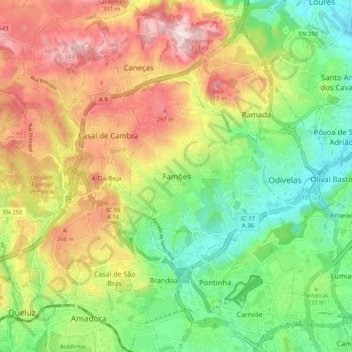Mapa topográfico Famões, altitud, relieve