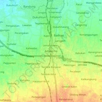 Mapa topográfico Adiwerna, altitud, relieve