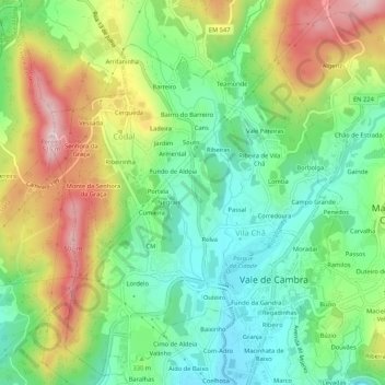 Mapa topográfico Areais, altitud, relieve