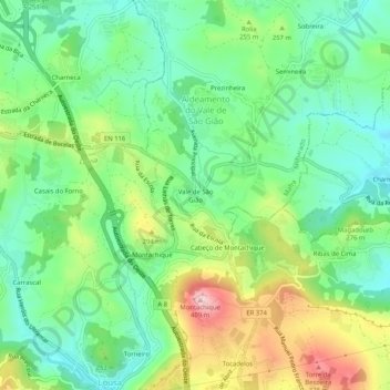 Mapa topográfico Vale de São Gião, altitud, relieve