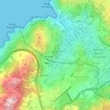 Mapa topográfico Castros, altitud, relieve