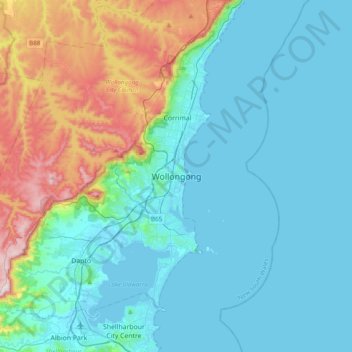 Mapa topográfico Wollongong, altitud, relieve