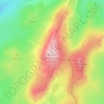 Mapa topográfico Mount Kosciuszko, altitud, relieve