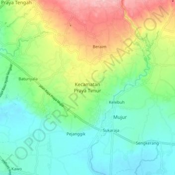 Mapa topográfico Kecamatan Praya Timur, altitud, relieve