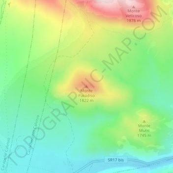 Mapa topográfico Monte Paradiso, altitud, relieve