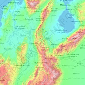 Mapa topográfico Norte de Santander, altitud, relieve